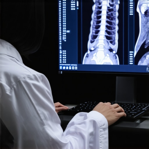 Radiologist working with AI software on mammography images