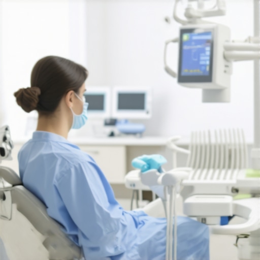 Dentist operating an AI-powered oral scanner on patient in clinic.