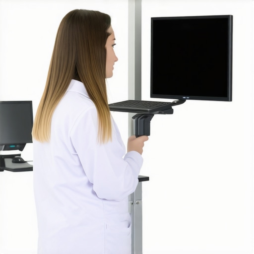 Nurse working at an ergonomic adjustable desk in a hospital