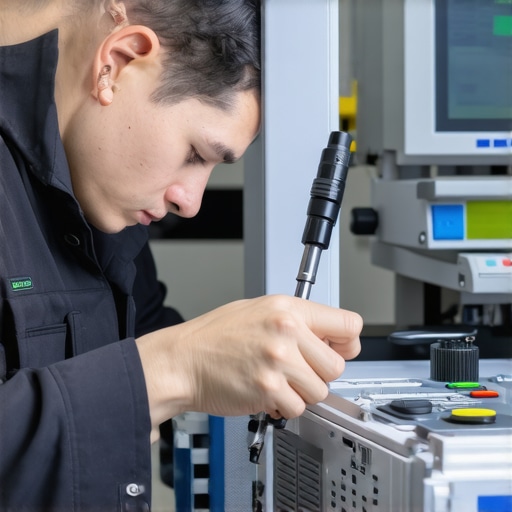 Technician using digital calibration tools to maintain medical equipment.