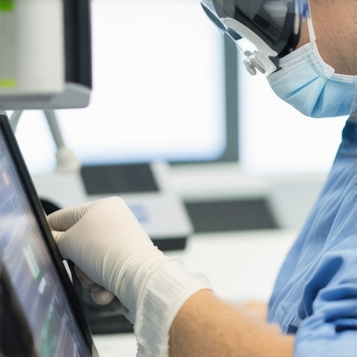 Technician performing maintenance on medical devices with digital tools.