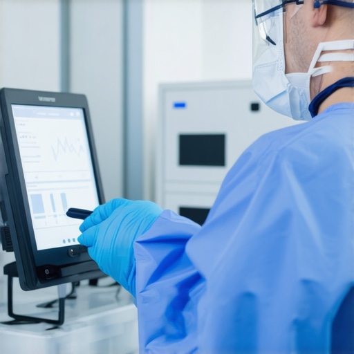 Healthcare professional using digital calibration tools on medical equipment.