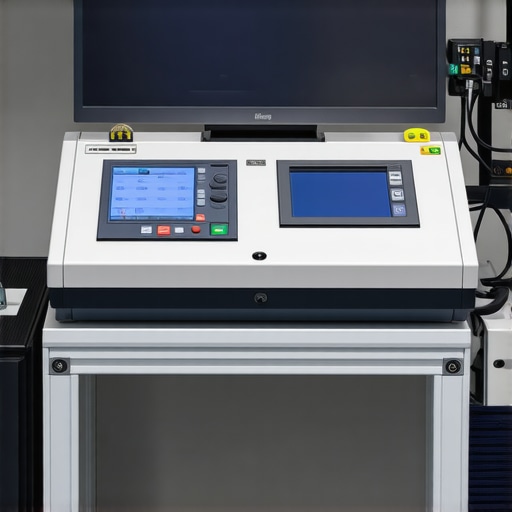 Advanced Maintenance Station for Medical Equipment Technician calibrating medical devices using digital tools in a modern healthcare facility