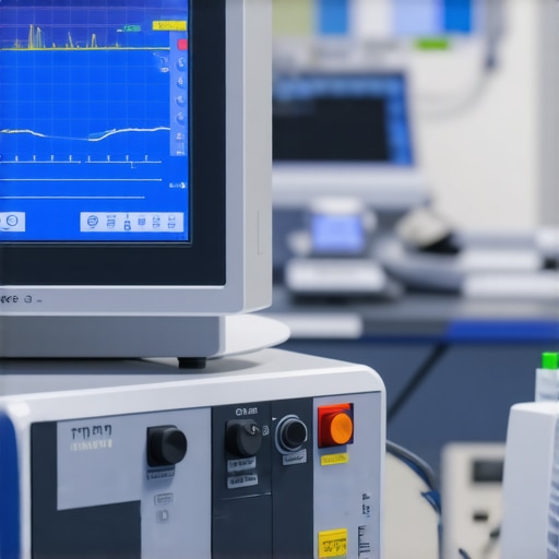 A professional maintaining medical devices using calibration and cleaning tools in a modern clinic.