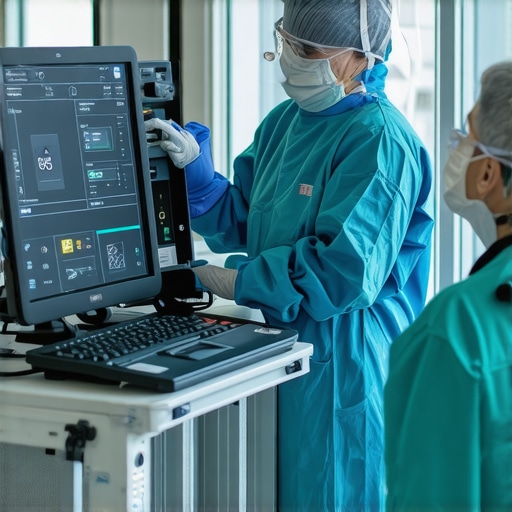 Healthcare professionals inspecting medical devices with diagnostic tools