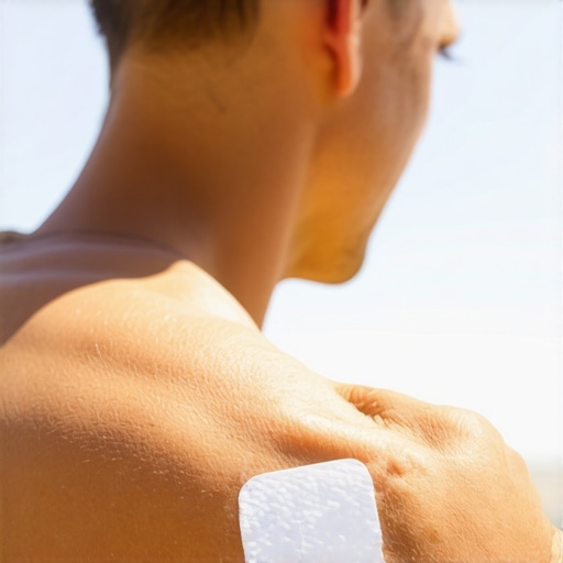 Person applying sweat-monitoring bio-patch on their upper arm during exercise.
