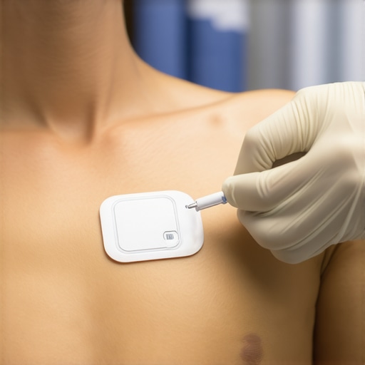 Applying a Continuous Temperature Patch in ICU A nurse placing a temperature sensor patch on a patient's chest in a hospital ICU setting