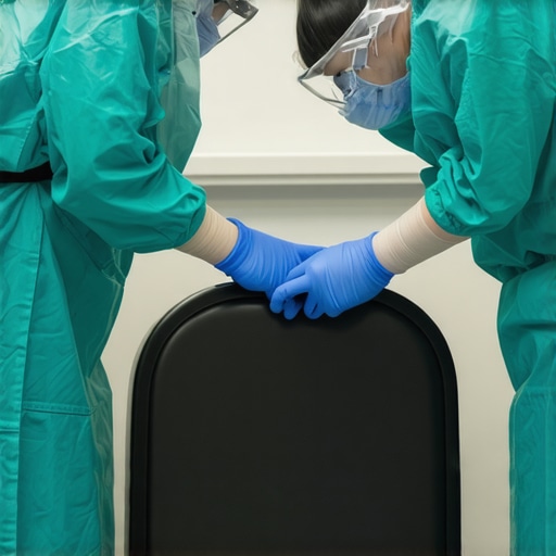 Applying antimicrobial chair covers in a medical setting Healthcare staff fitting antimicrobial fabric covers onto chairs in a hospital
