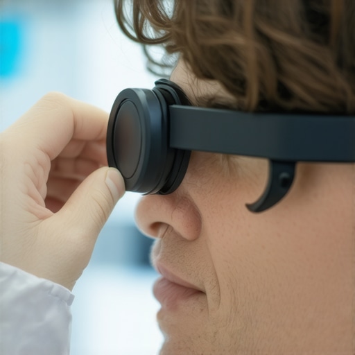 Medical professional securing a smart eye sensor onto a patient's eye in a hospital environment.