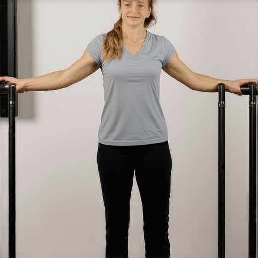Therapist guiding elderly patient through balance exercises using balance pads and parallel bars