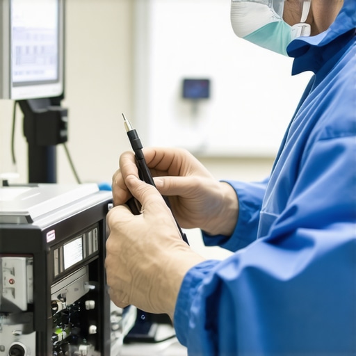 Technician calibrating medical equipment using precision tools