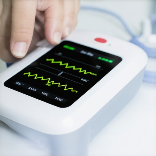 Healthcare professional calibrating an AI-powered ECG device in a modern clinic