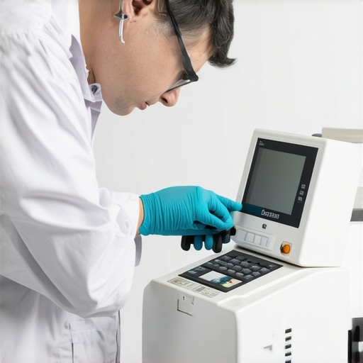 Technician performing calibration on medical device in lab