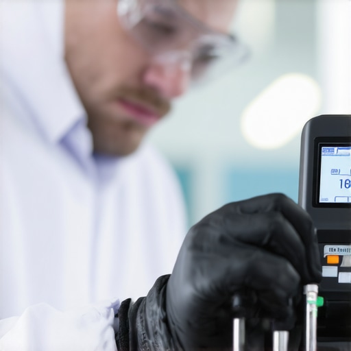 Laboratory technician calibrating a portable pH device with buffers