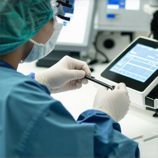 Healthcare worker calibrating precision medical devices in a clinical environment.