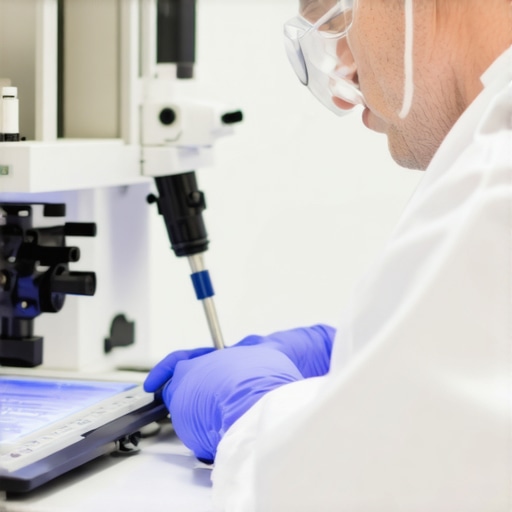 A technician performing calibration on medical diagnostic device using specialized tools in a clinical setting