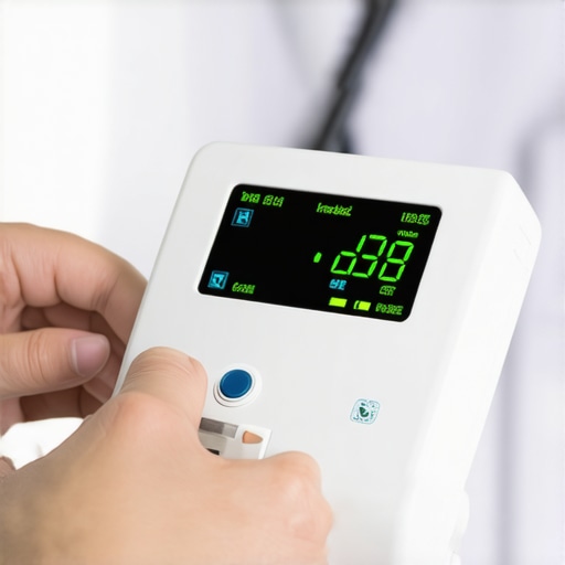 Healthcare professional calibrating advanced medical device with digital readouts