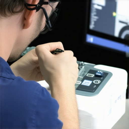 Technician adjusting a medical imaging scanner using calibration tools