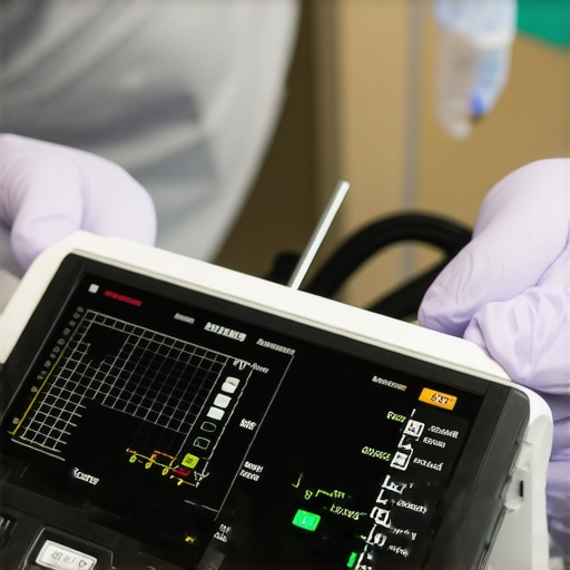 Healthcare professional performing calibration on medical instruments with digital devices and standards