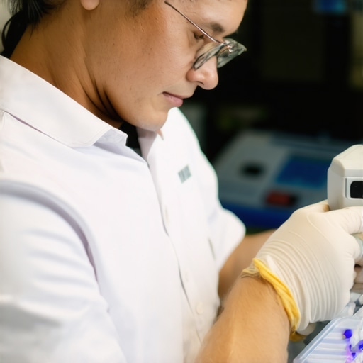 Technician adjusting a medical device using calibration tools on a hospital counter