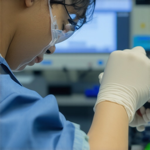Technician calibrating a medical device using digital reflex hammer and calibration software