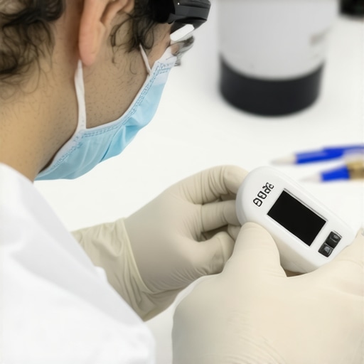 Technician performing calibration on a digital thermometer to ensure precision in clinical use.