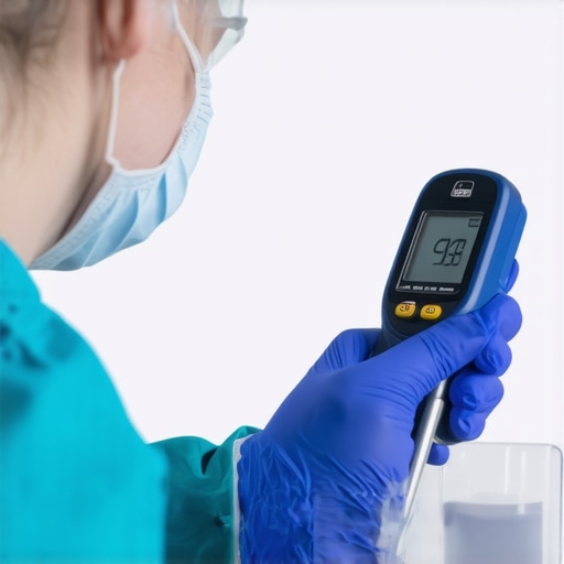 Person checking the accuracy of a digital thermometer during calibration process.