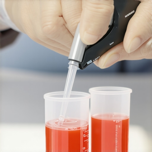 Healthcare professional calibrating a portable pH device with buffer solutions in a clinic.