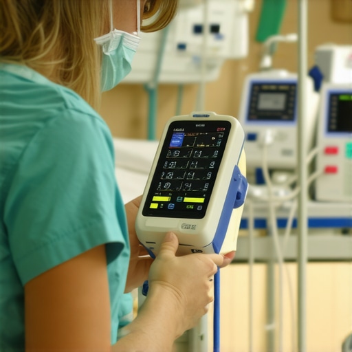 Nurse calibrating oxygen analyzer in neonatal ward with monitors and baby bed nearby