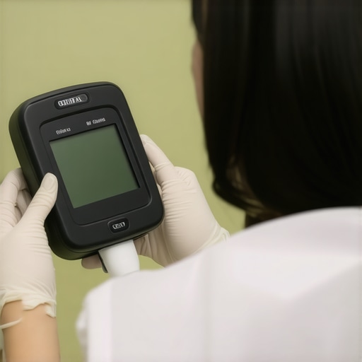 A healthcare worker calibrating a compact tissue oxygenation device in a hospital environment.