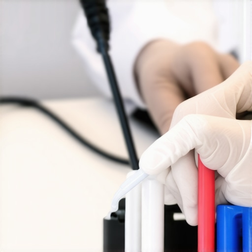 Technician calibrating medical device with digital tools in a laboratory