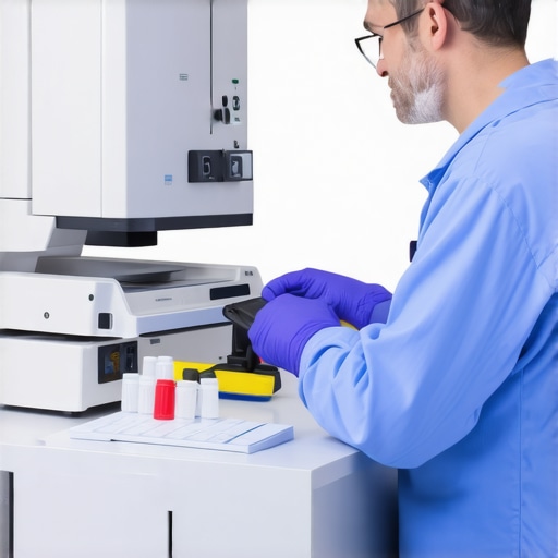Calibration Tools for Medical Equipment Technician calibrating a spectral CT scanner in a hospital equipment room.