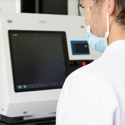 Technician calibrating advanced medical device in a lab.