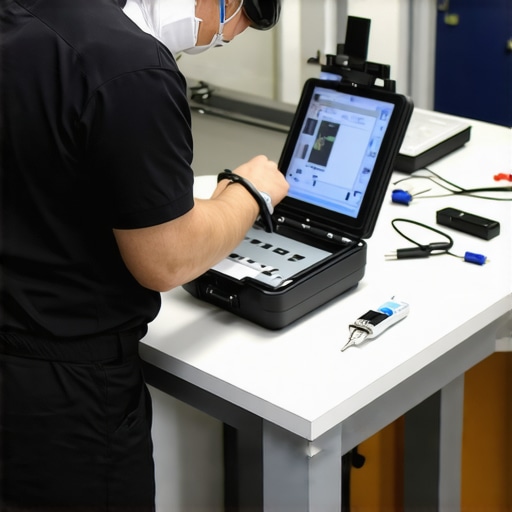 Technician performing calibration on a portable medical device to ensure accuracy and performance.
