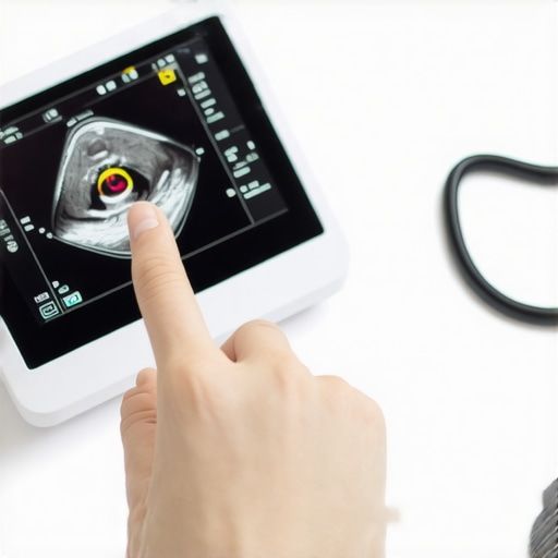 Technician calibrating ultrasound equipment with digital testing tools in a clinical setting.