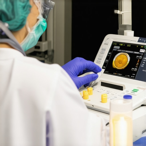 Technician adjusting spectral ultrasound calibration phantom