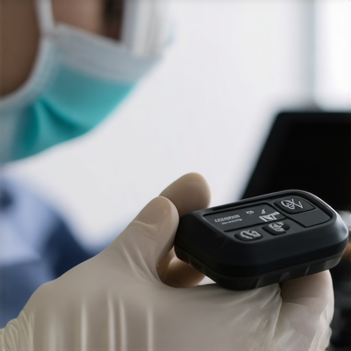 A healthcare worker examining precision medical equipment during maintenance