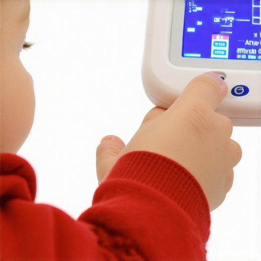 Close-up of a child blowing into a peak flow meter to monitor asthma.