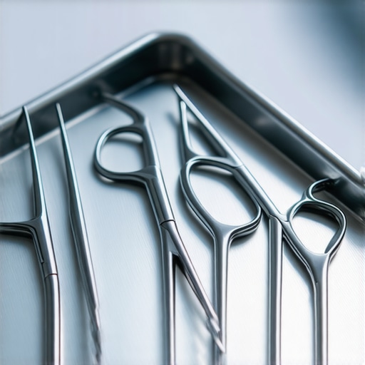 Sterile titanium micro-scissors with ergonomic handles on a surgical tray.
