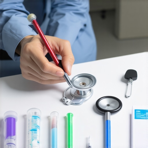 Comparing Medical Devices Healthcare professional examining various medical supplies on a table