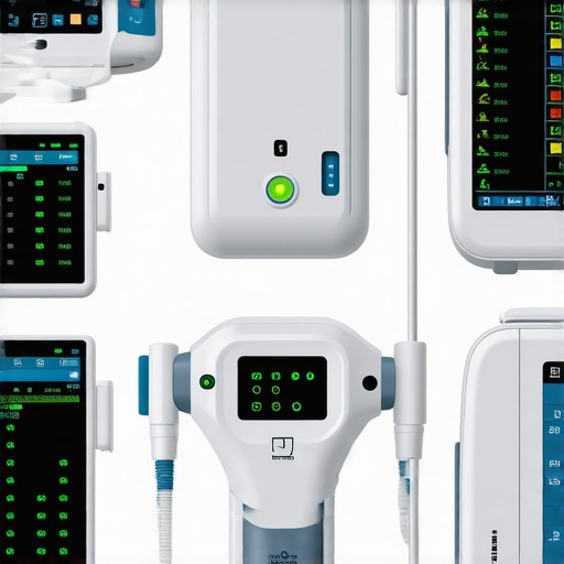 Close-up of interconnected medical devices showing digital screens and connectors