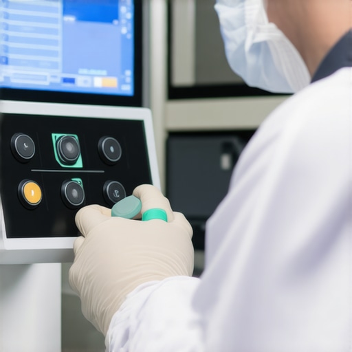 Healthcare professional analyzing a sophisticated medical device with sensors and controls.