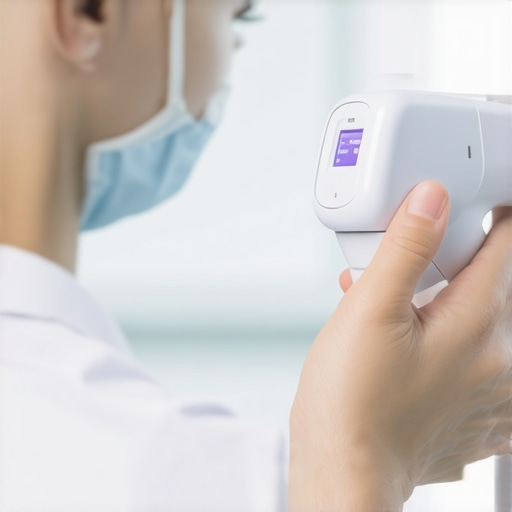 Dermatologist using a handheld skin scanner in a clinical environment.
