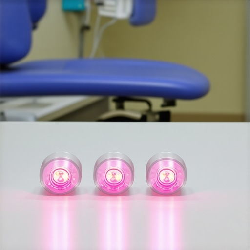 Various LED curing lights placed on a dental clinic counter
