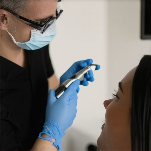 A dentist showing a patient a handheld dental scanner during a consultation.
