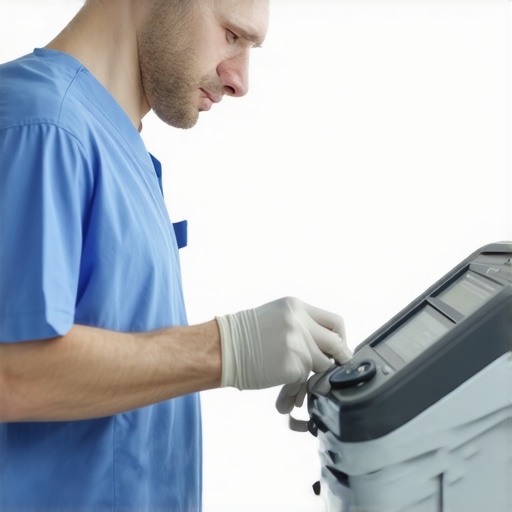 Technician calibrating and maintaining medical equipment in a hospital
