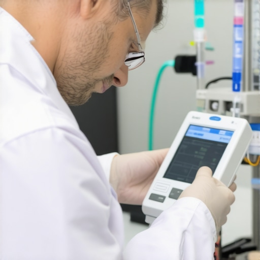 Technician calibrating infusion pump with digital device in hospital