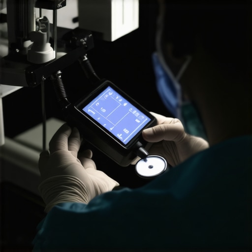 Healthcare professional inspecting medical device with a digital camera in a clinical environment