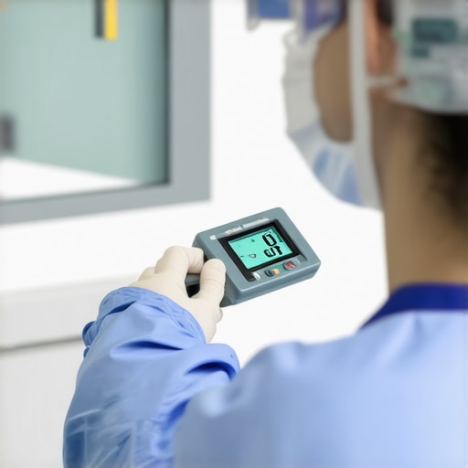 Technician calibrating medical equipment with digital tools in a clinical setting.