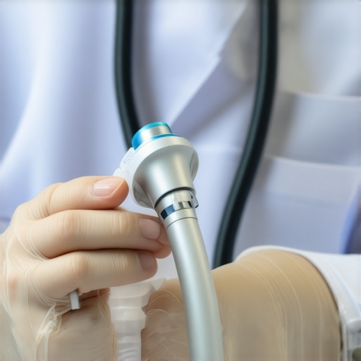 A technician carefully inspecting a sleek, disposable endoscope in a clinical setting.